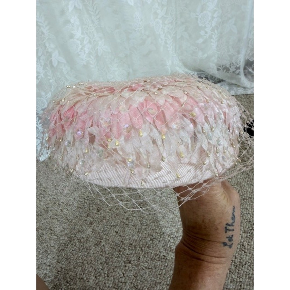 Vintage Noreen Fashion Pink Petal Pillbox Hat with Veil Pearls and Sequins